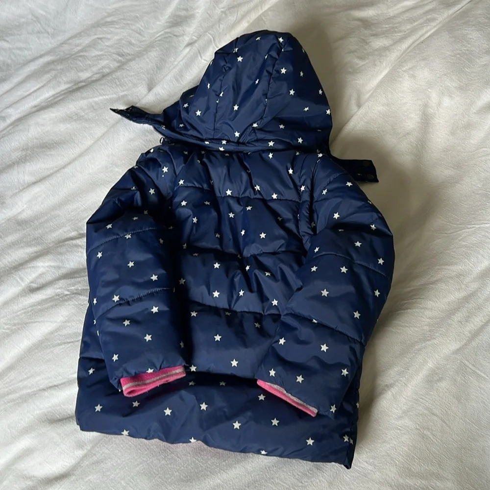 Mini Boden Navy Star Puffer Jacket with Bright Trim